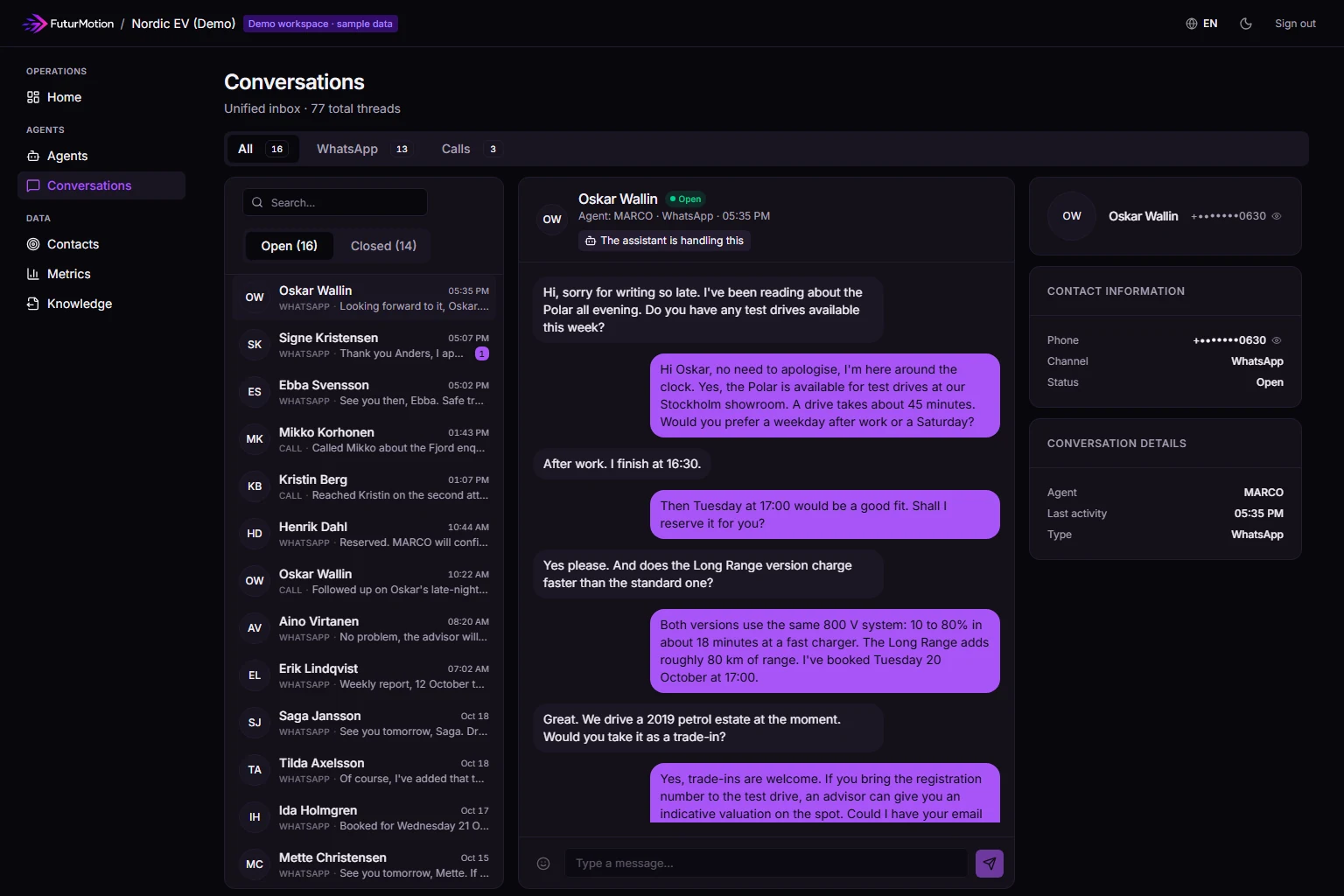 FuturMotion dashboard, demo workspace with sample data: a WhatsApp conversation in which the agent books a test drive